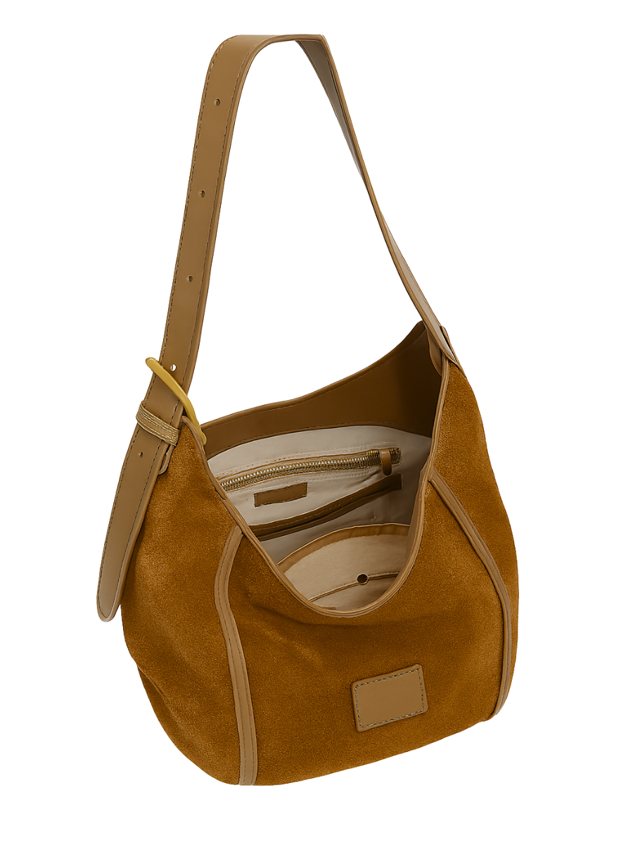Solene -Ladies suede leather bag, col. Caramel
