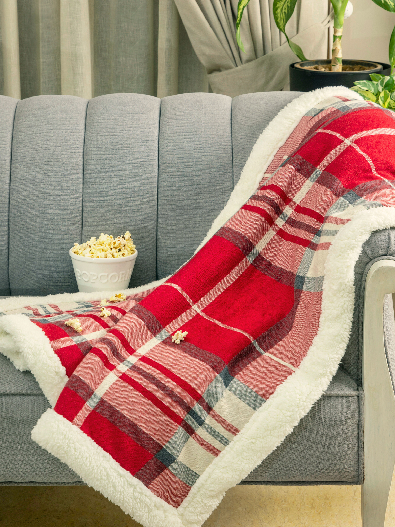 Cotton Knitted Check Design Blanket With Sherpa For Kids