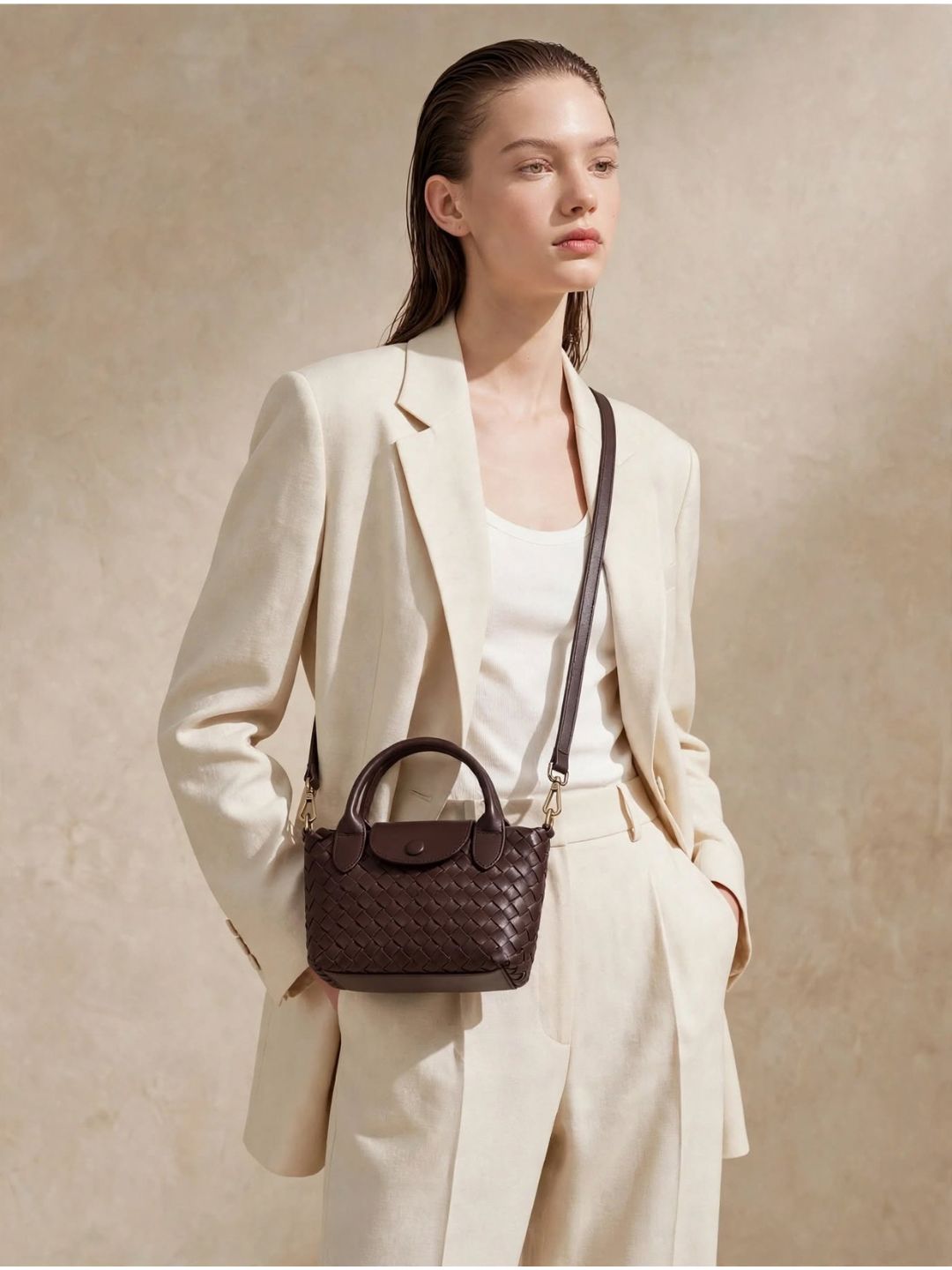 Aria - Ladies woven sling bag , Faux Leather | Chocolate