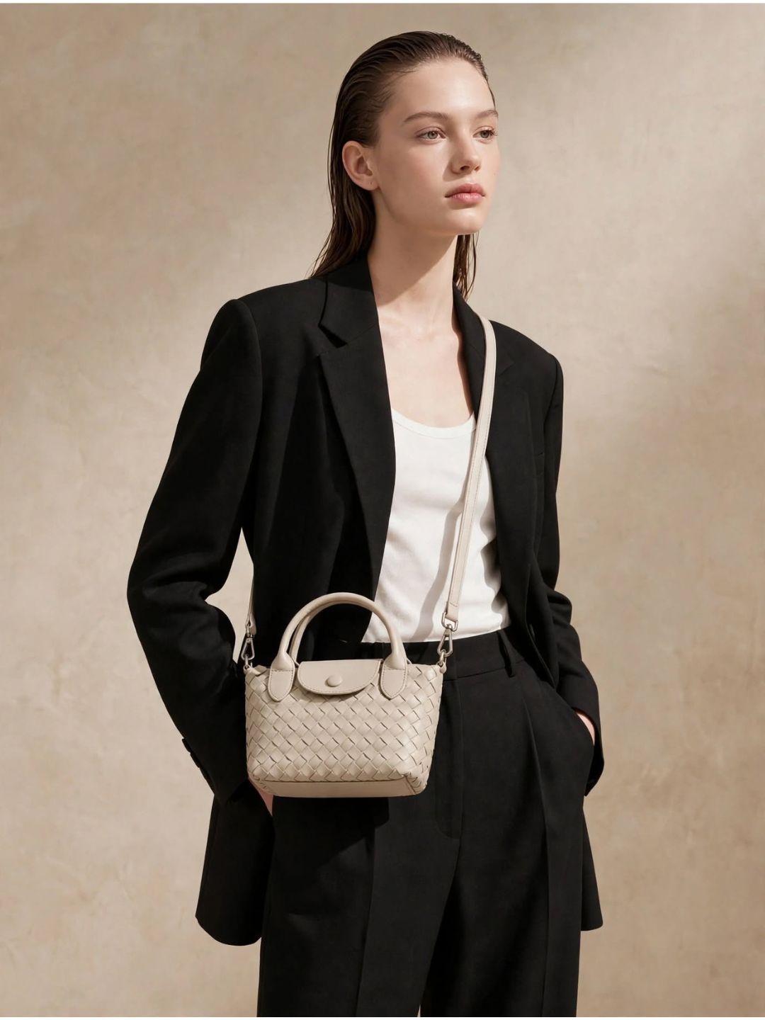 Aria - Ladies woven sling bag , Faux Leather | Sand