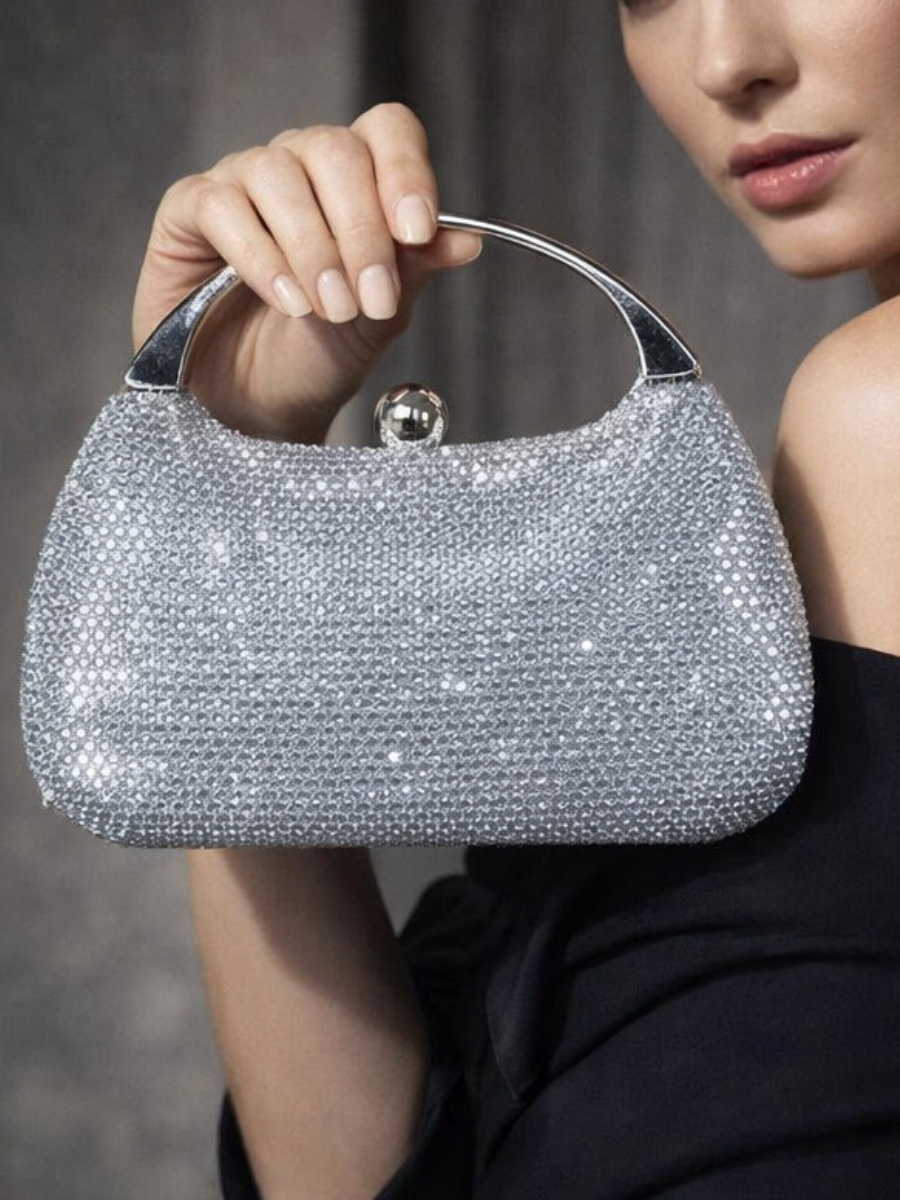 Carrie - Ladies clutch bag with handle, rhinestones embellished | Silver