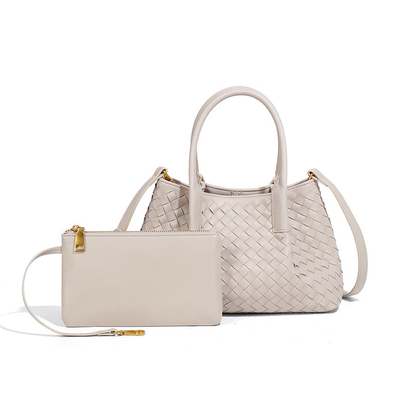 Lena - Ladies Woven Satchel Bag , Faux Leather | Sand