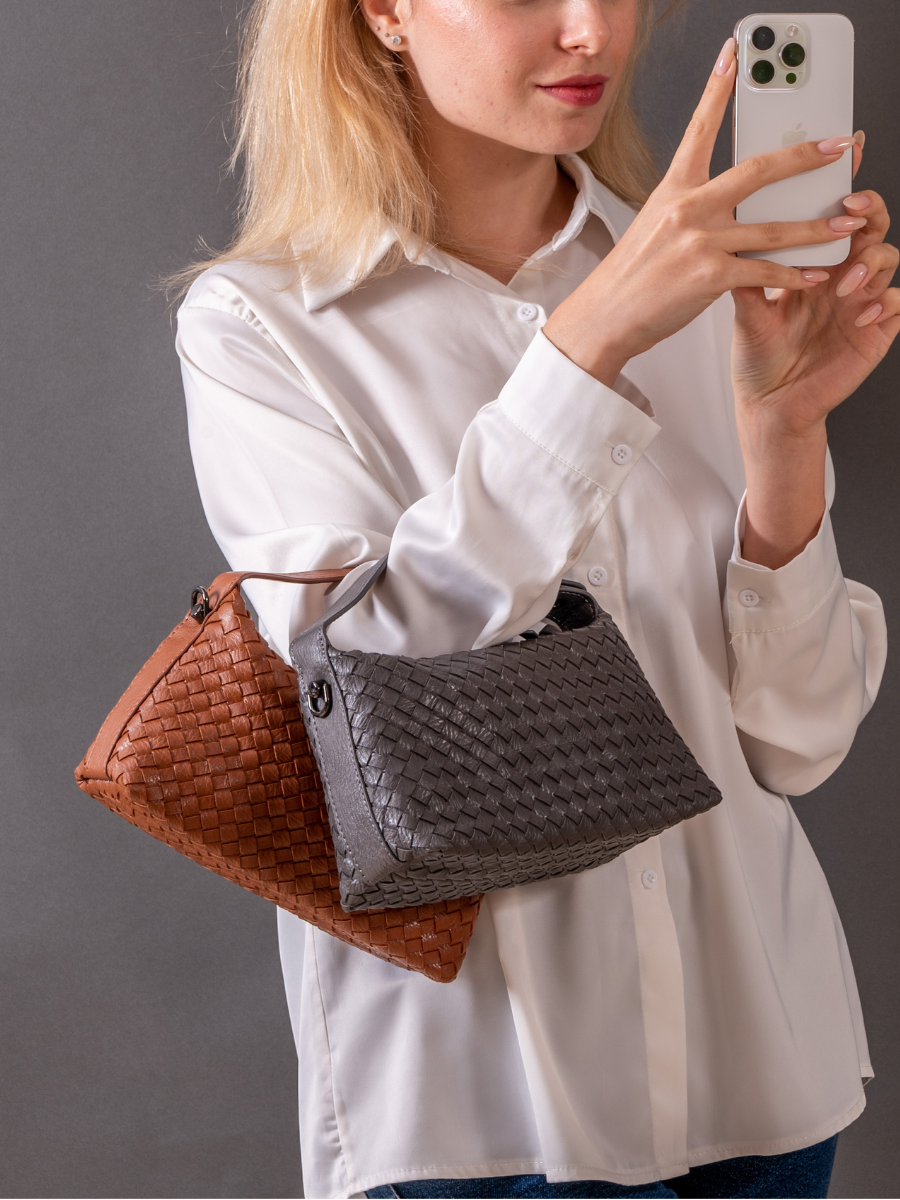 Fero - Ladies Woven Handbag, Faux Leather | Dark Grey