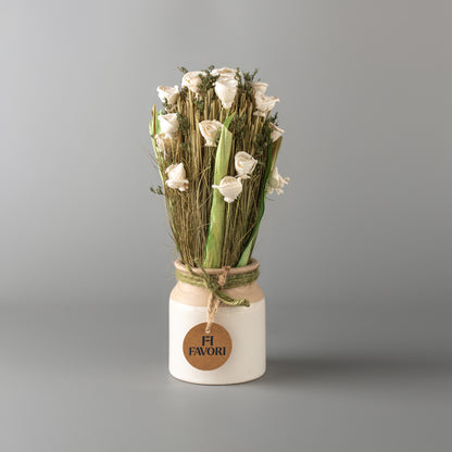 Serene Blooms - Dry  White Rose Floral Arrangement In Ceramic Pot | White