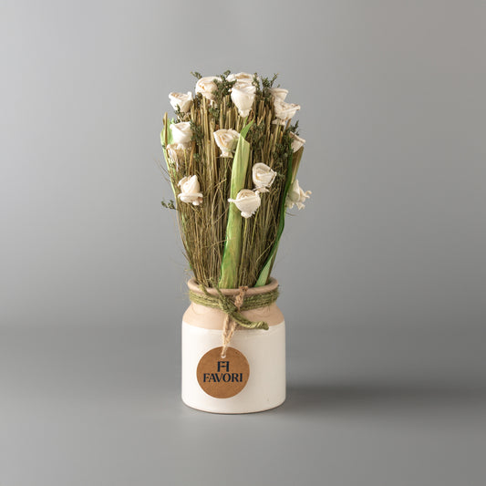 Serene Blooms - Dry  white Rose floral arrangement in ceramic pot