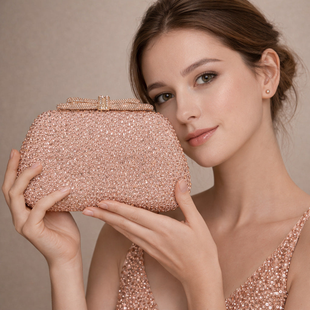 Alessia - Ladies clutch bag with bow, rhinestones embellished | Pink