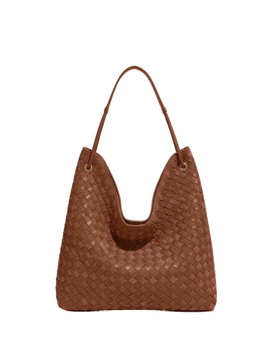 Sia Duo - Ladies Woven Tote Bag , Faux Leather | Cinnamon