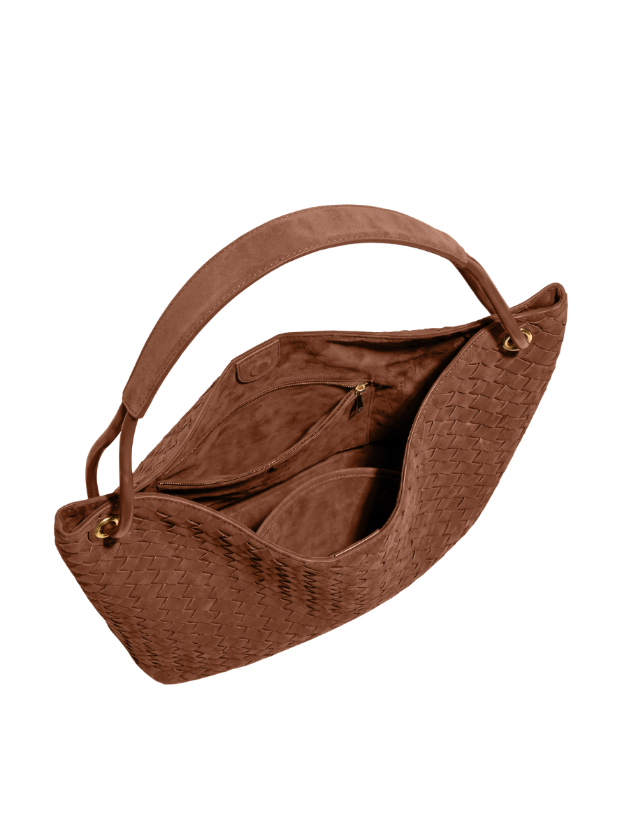 Sia Duo - Ladies Woven Tote Bag , Faux Leather | Cinnamon