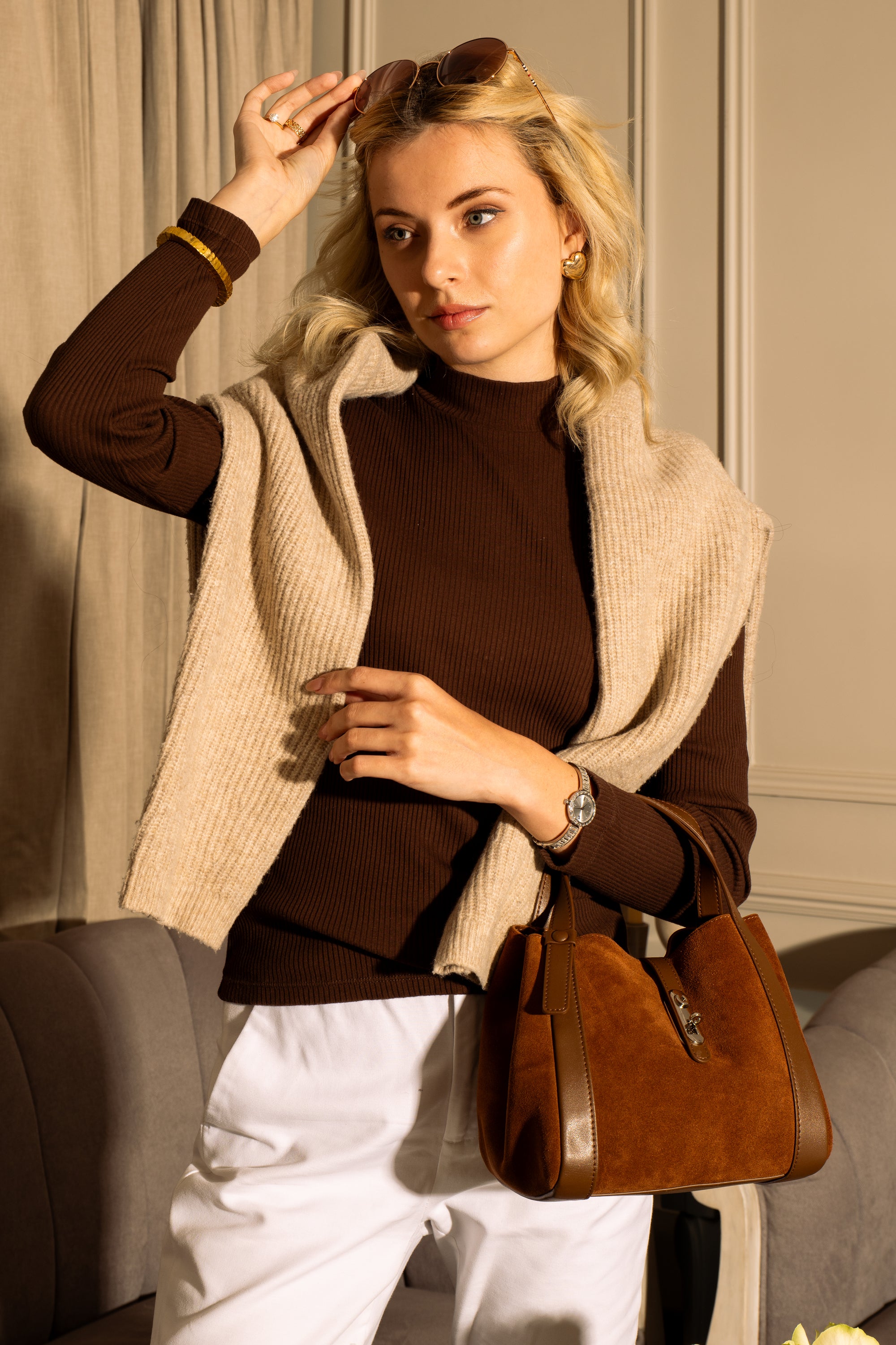 Toscana-Ladies suede leather bucket bag, col. Dark Brown