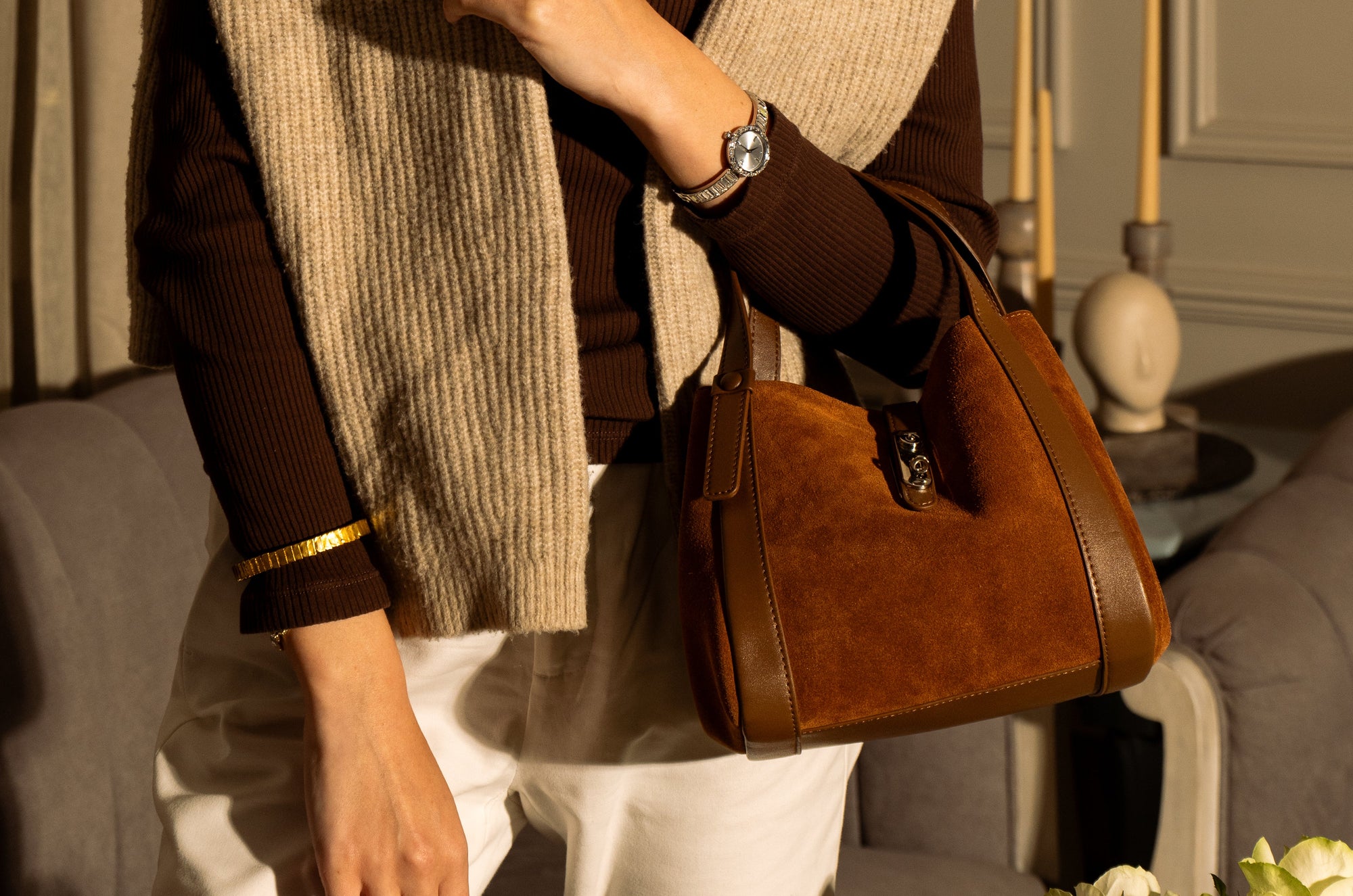 Toscana-Ladies suede leather bucket bag, col. Dark Brown