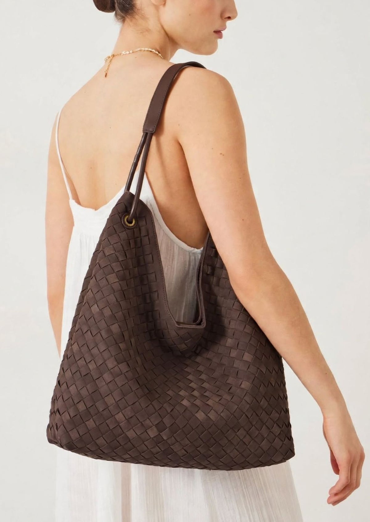 Sia- Ladies Woven Tote Bag , Faux Leather | Chocolate