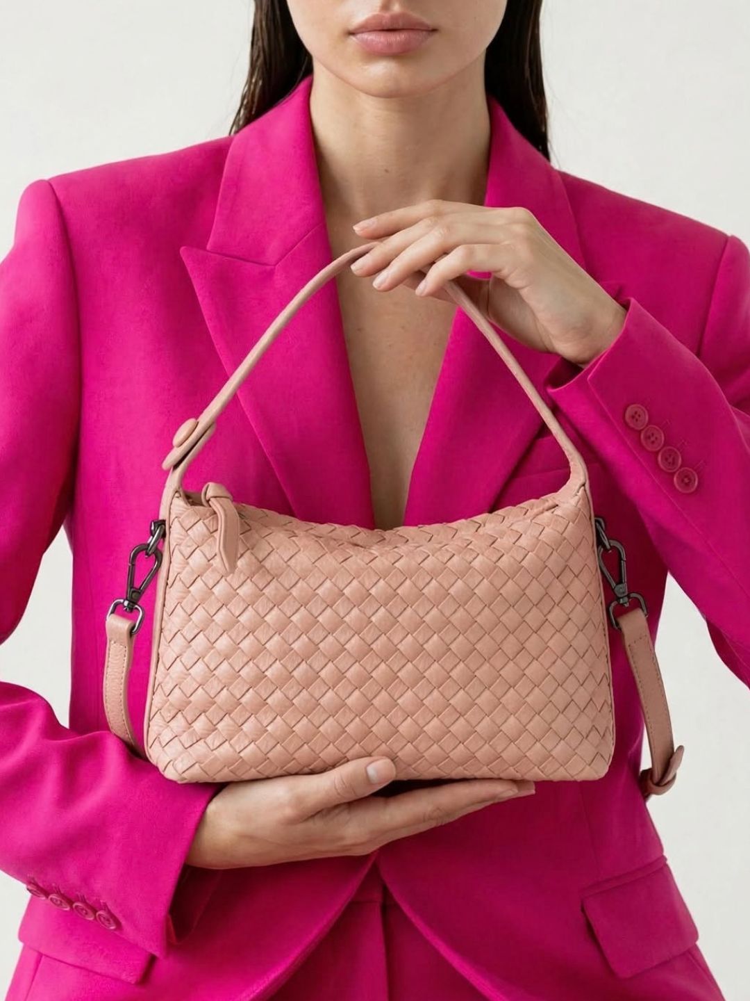 Fero - Ladies Woven Handbag, Faux Leather | Blush Pink
