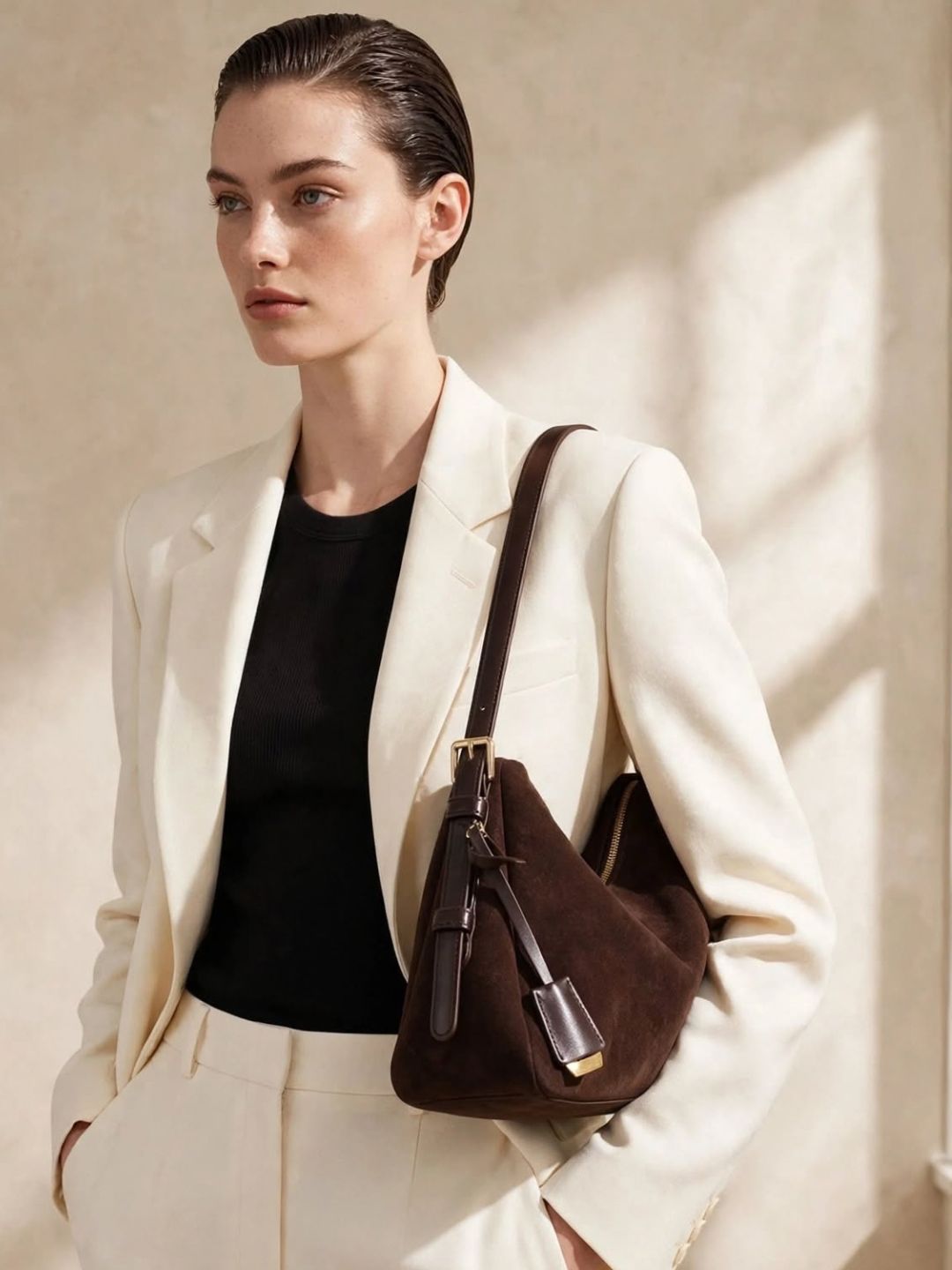 Velena - Ladies suede leather Baguette Bag | Chocolate