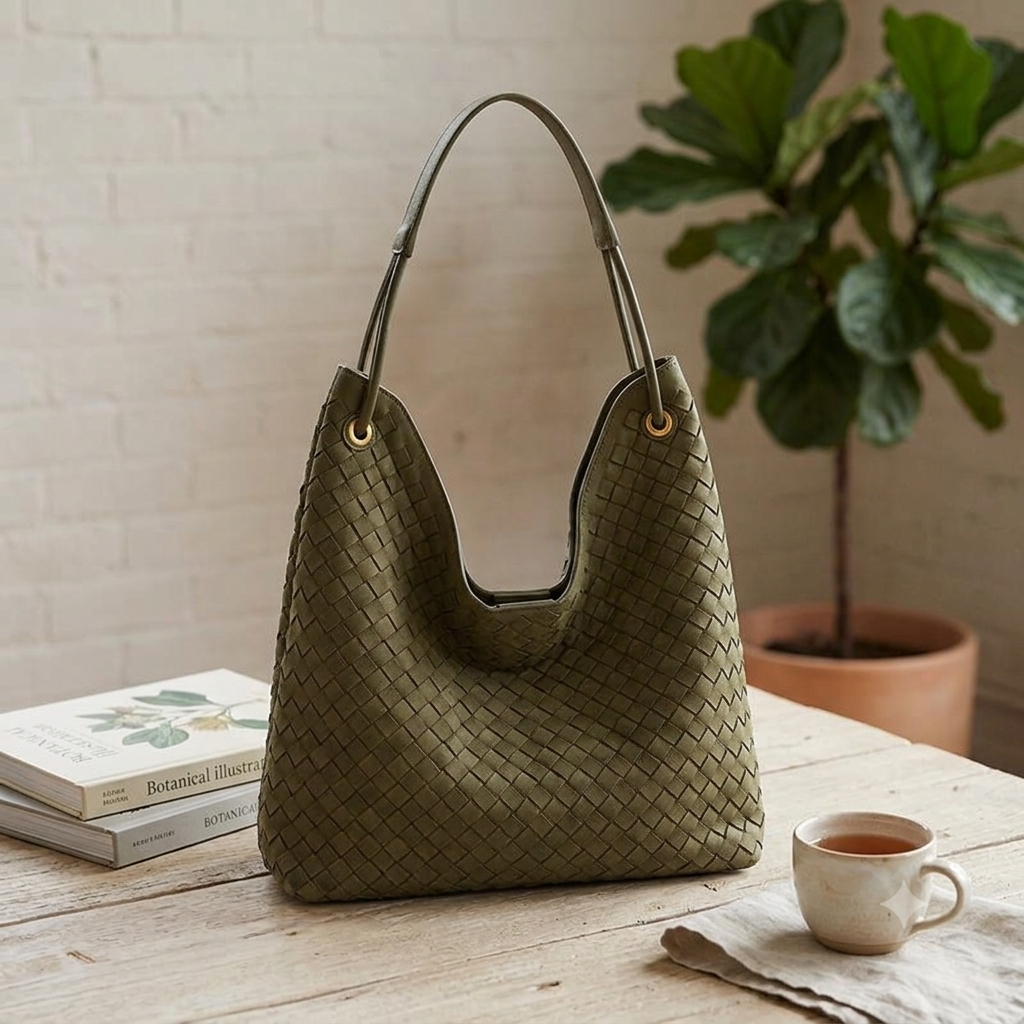 Sia- Ladies Woven Tote Bag , Faux Leather | Olive