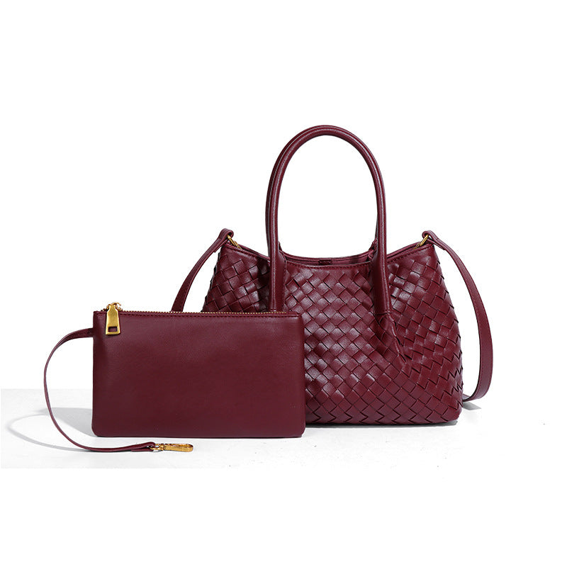 Lena - Ladies Woven Satchel Bag , Faux Leather | Wine red
