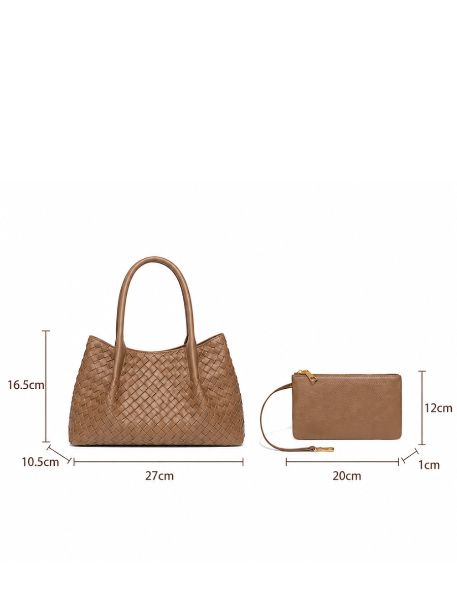 Lena - Ladies Woven Satchel Bag , Faux Leather | Caramel