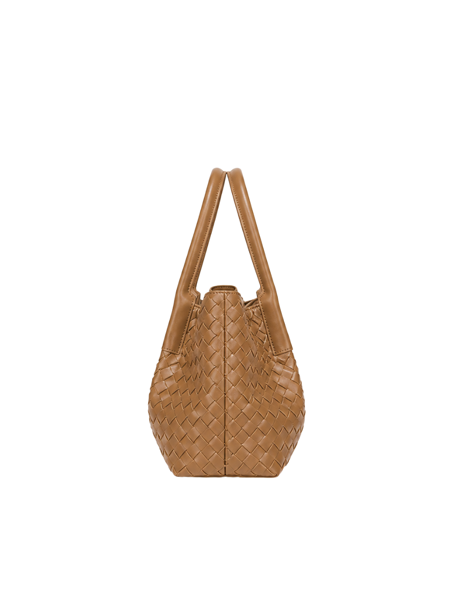 Lena - Ladies Woven Satchel Bag , Faux Leather | Caramel