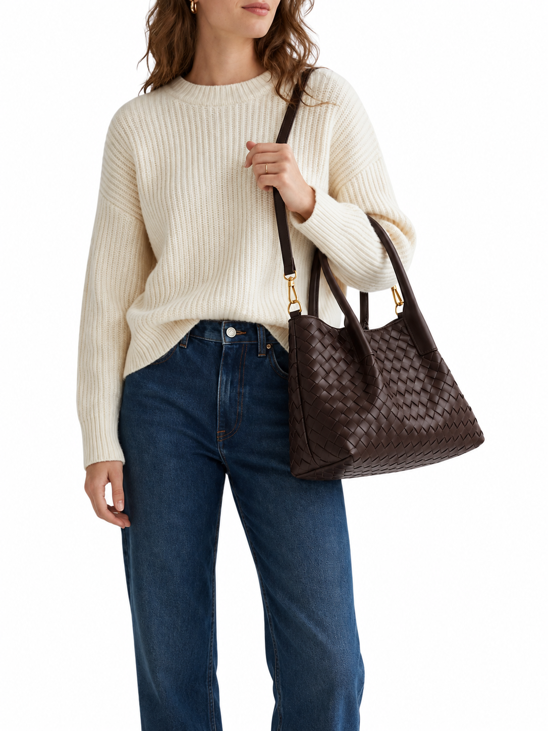 Lena - Ladies Woven Satchel Bag , Faux Leather | Chocolate
