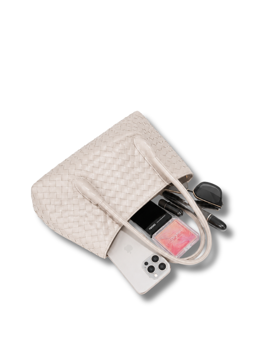 Lena - Ladies Woven Satchel Bag , Faux Leather | Sand