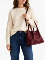 Lena - Ladies Woven Satchel Bag , Faux Leather | Wine red