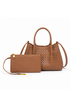 Lena - Ladies Woven Satchel Bag , Faux Leather | Caramel