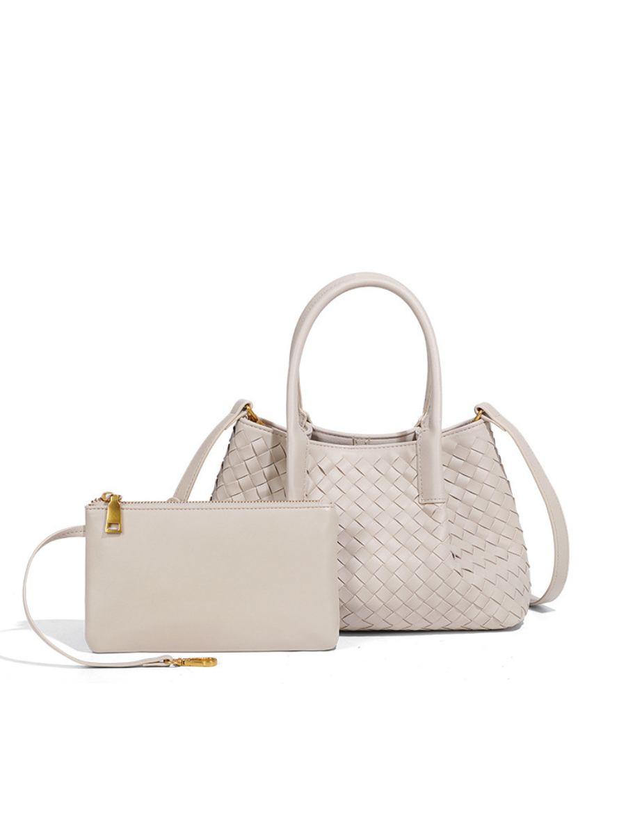 Lena - Ladies Woven Satchel Bag , Faux Leather | Sand