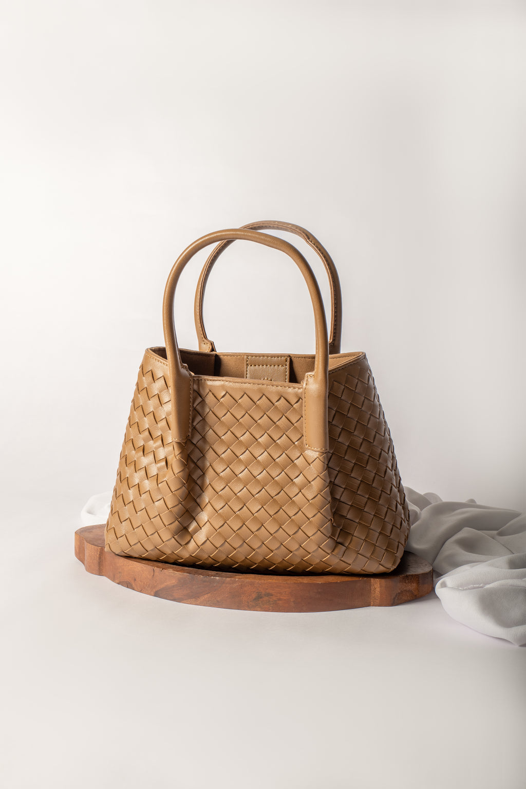 Lena - Ladies Woven Satchel Bag , Faux Leather | Caramel