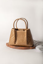 Lena - Ladies Woven Satchel Bag , Faux Leather | Caramel