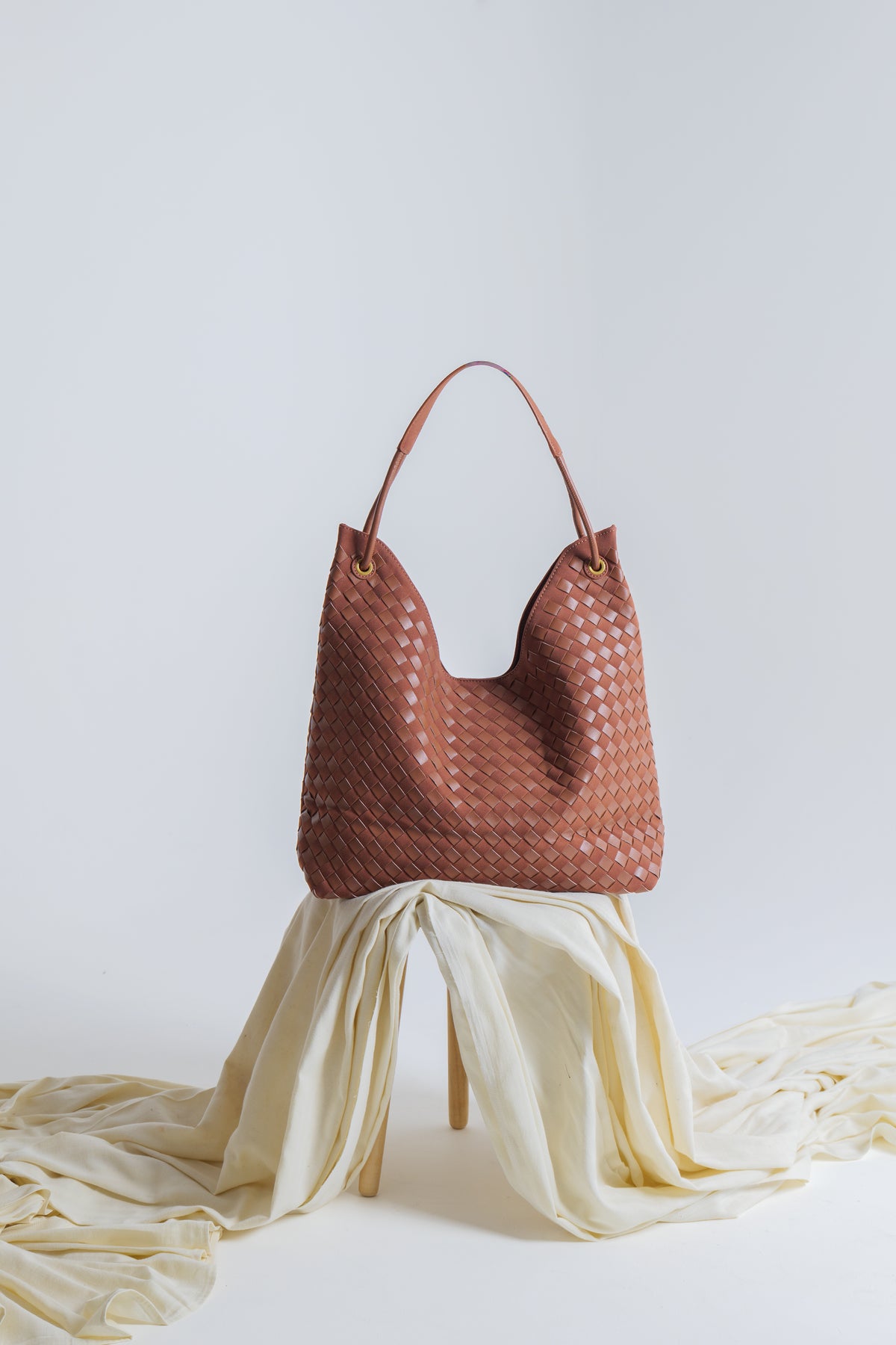 Sia Duo - Ladies Woven Tote Bag , Faux Leather | Cinnamon