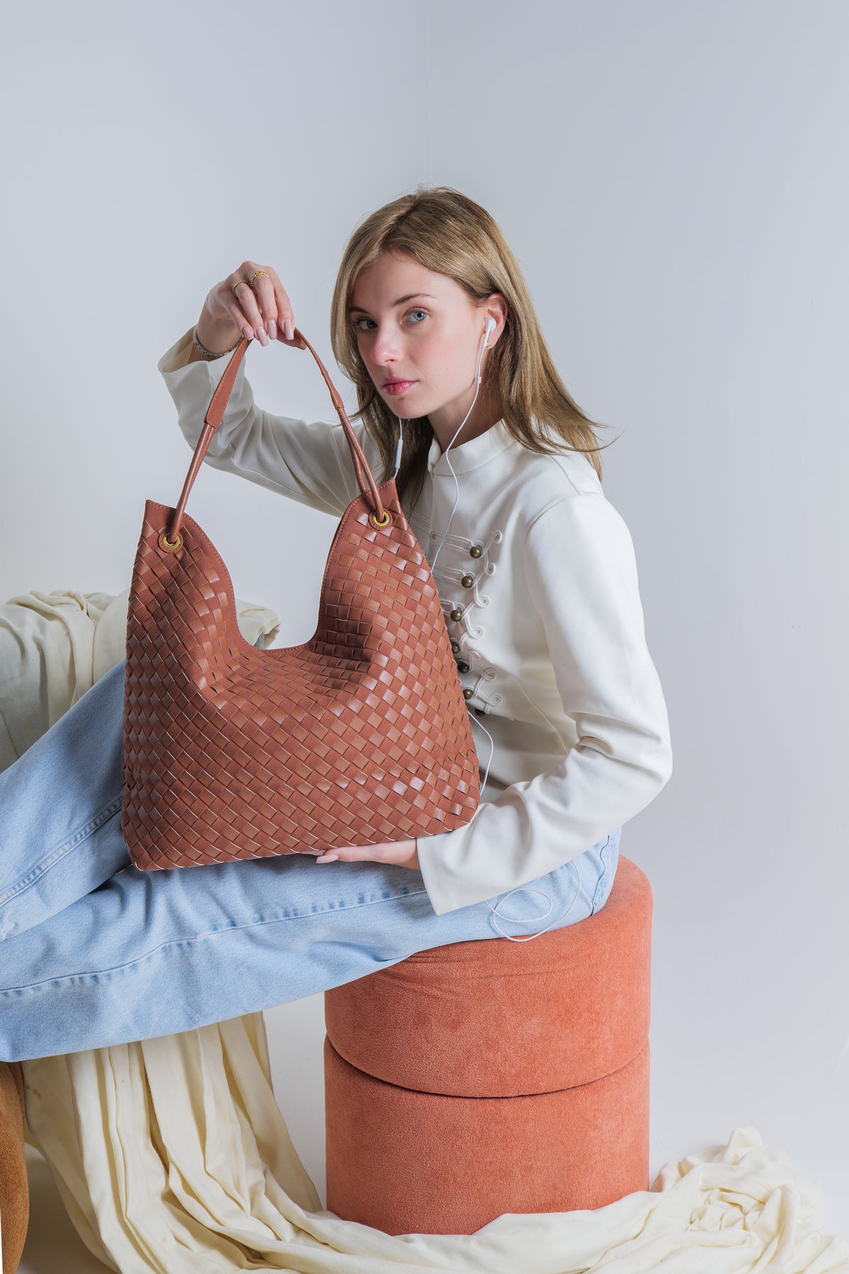 Sia Duo - Ladies Woven Tote Bag , Faux Leather | Cinnamon
