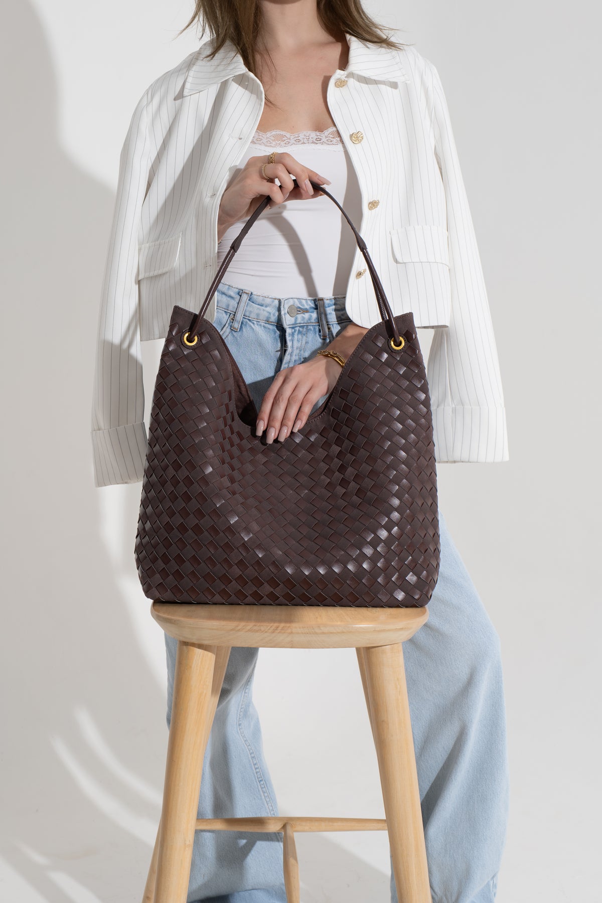 Sia Duo - Ladies Woven Tote Bag , Faux Leather | Espresso