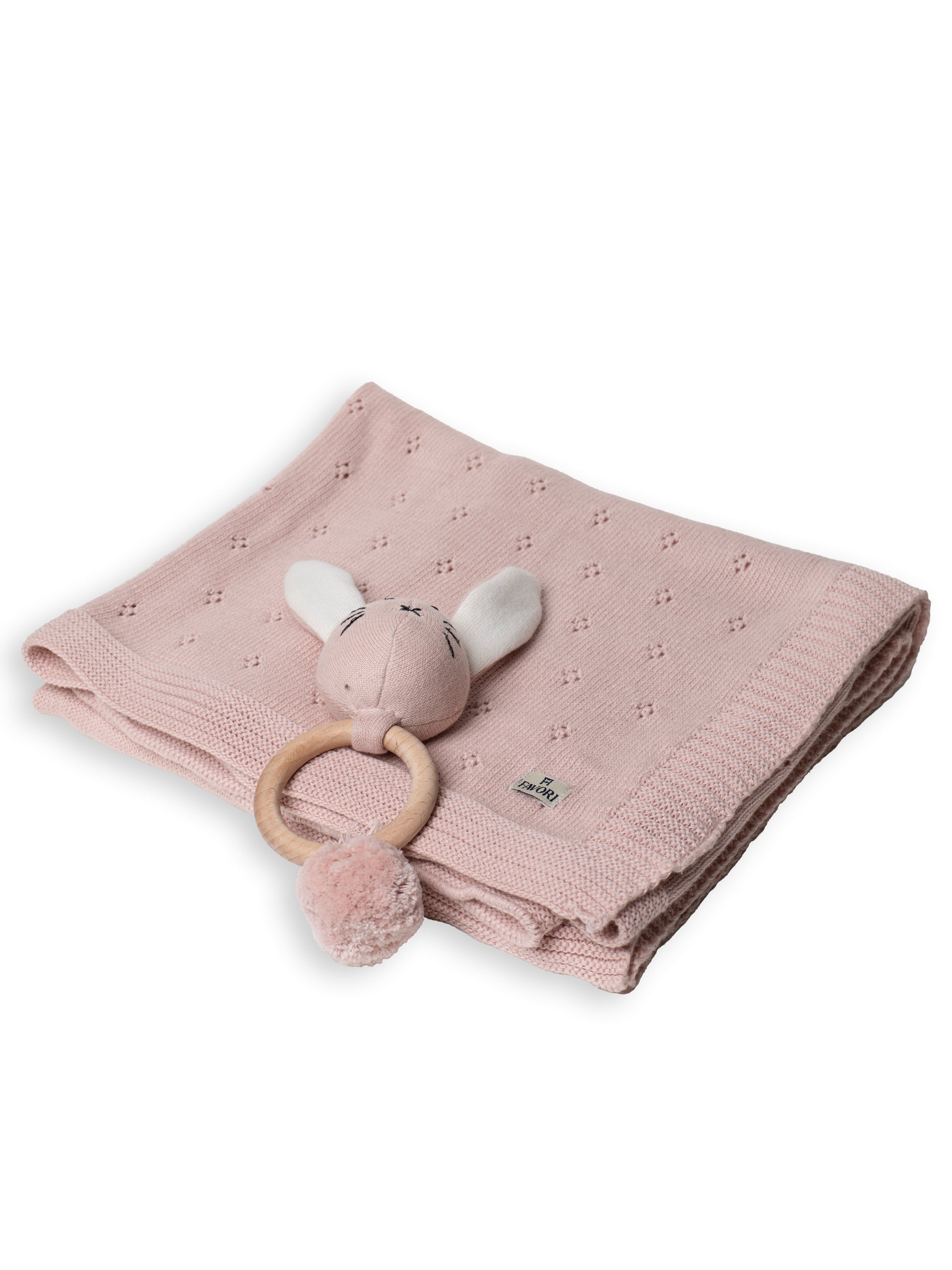 Baby Blanket with Rabbit rattle, 100% cotton knitted pointel, col. blush pink