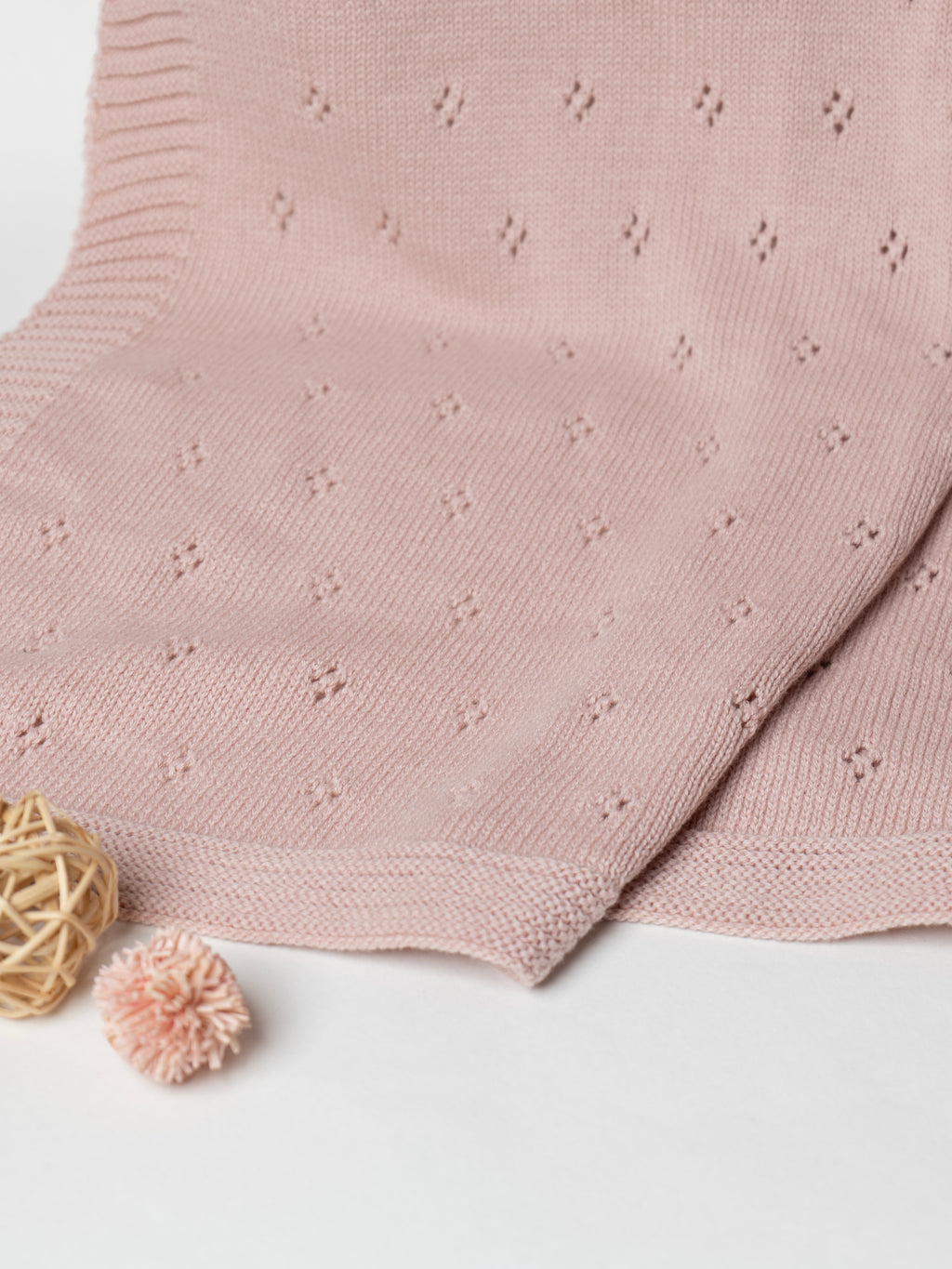 Baby Blanket with Rabbit rattle, 100% cotton knitted pointel, col. blush pink