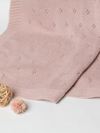 Baby Blanket with Rabbit rattle, 100% cotton knitted pointel, col. blush pink