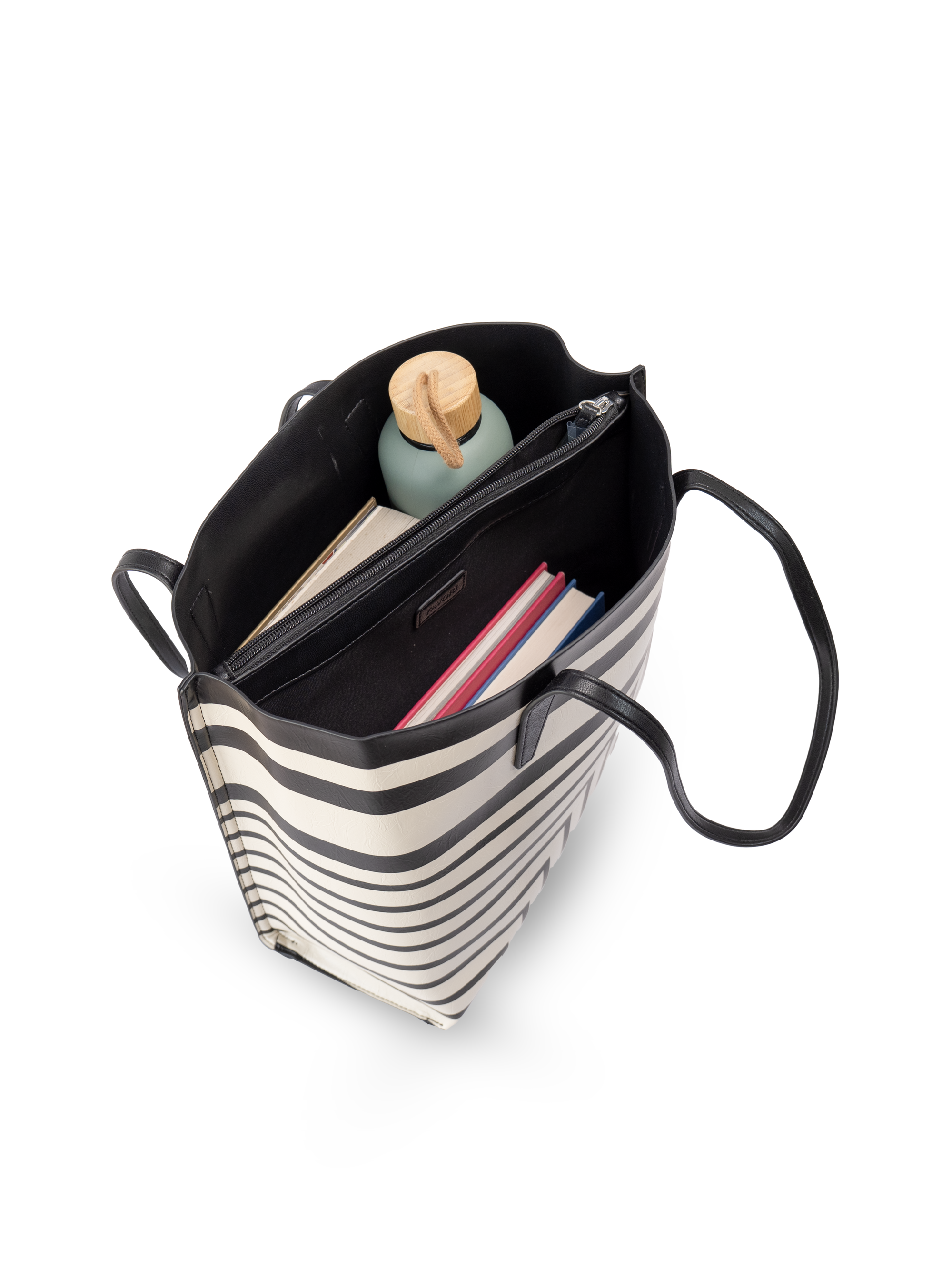 Riviera Tote Bag, Faux Leather, Black & Ivory Stripe
