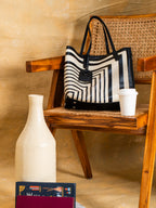 Riviera Tote Bag, Faux Leather, Black & Ivory Stripe