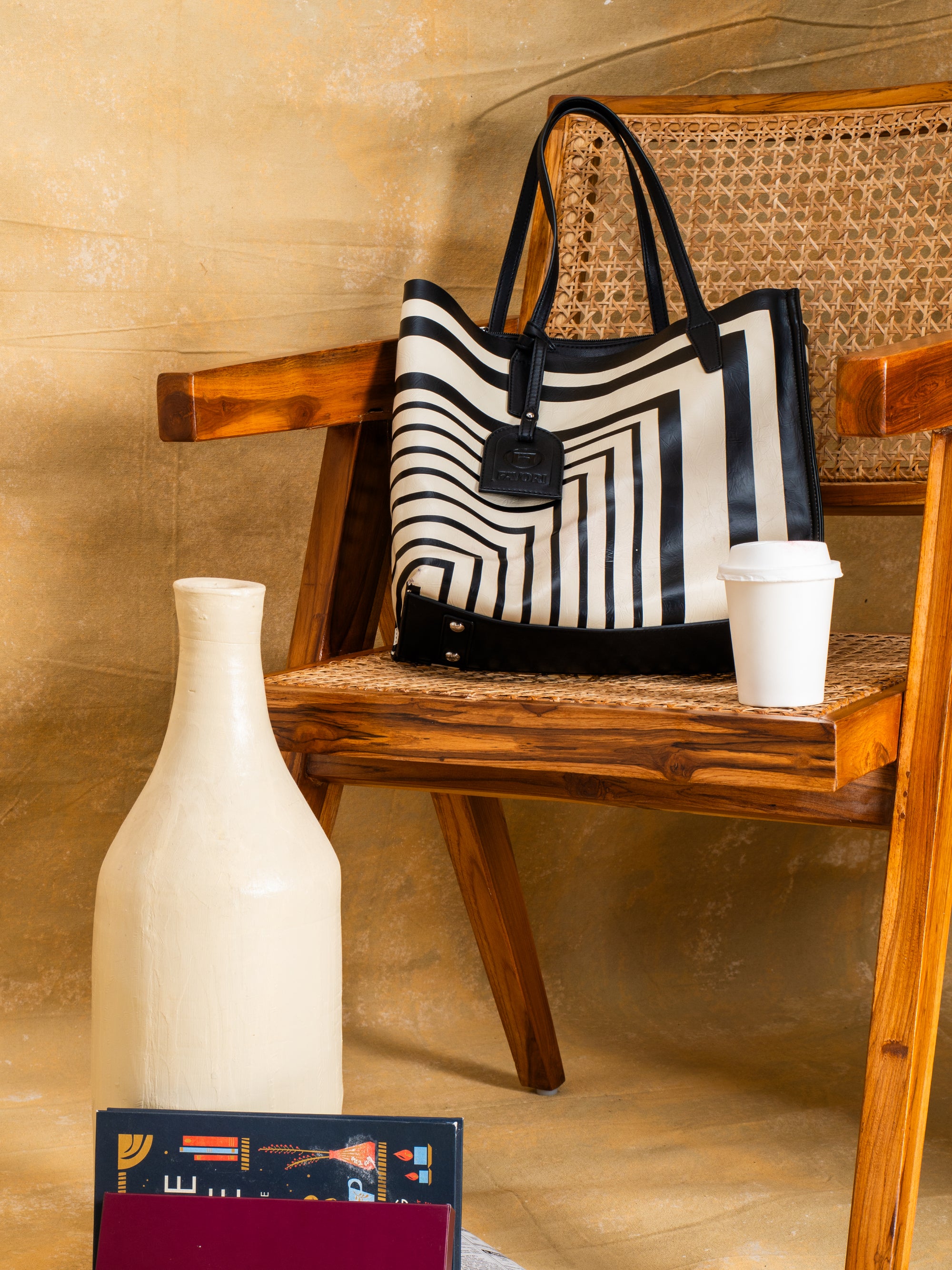 Riviera Tote Bag, Faux Leather, Black & Ivory Stripe