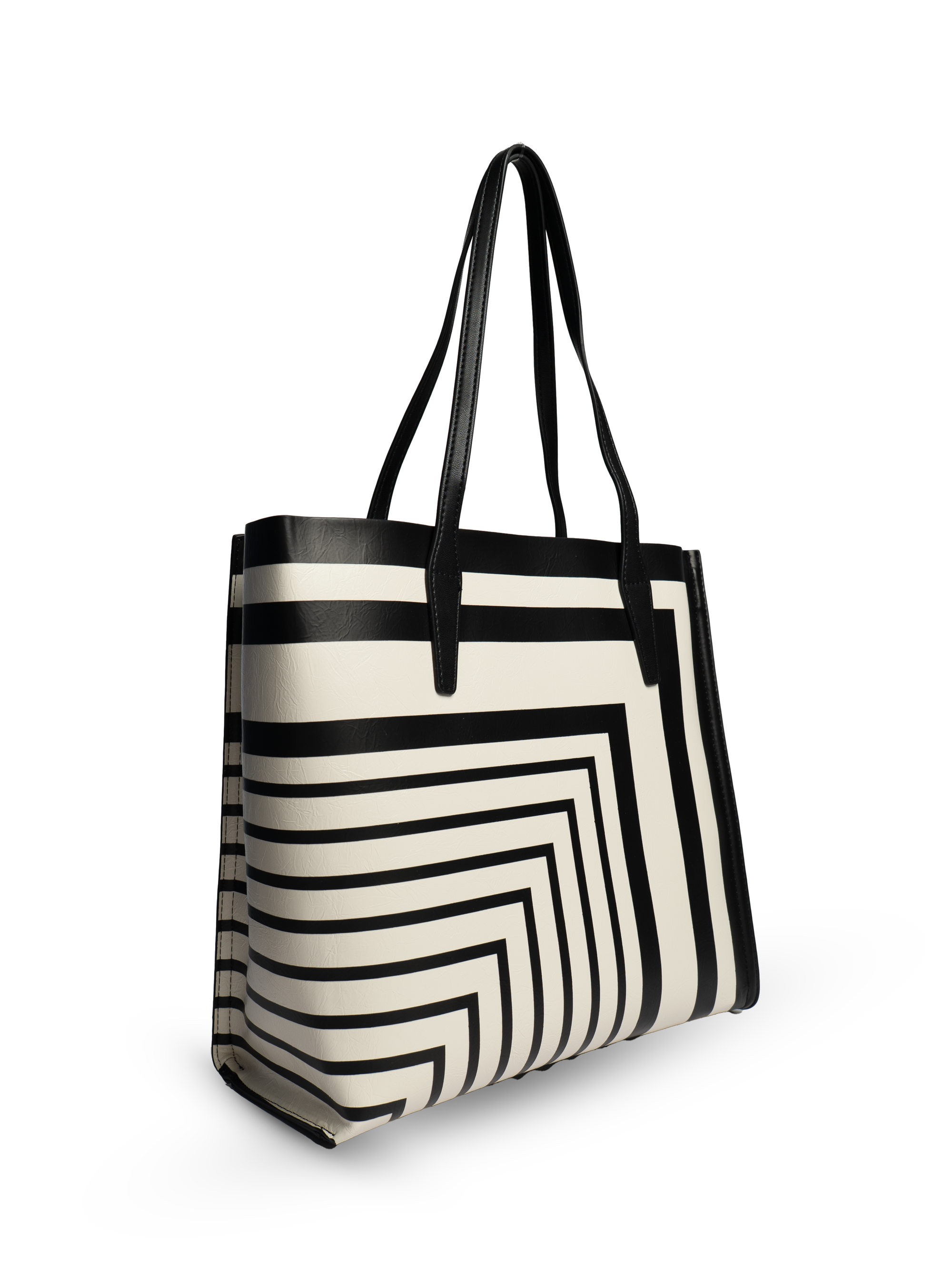 Riviera Tote Bag, Faux Leather, Black & Ivory Stripe
