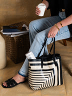 Riviera Tote Bag, Faux Leather, Black & Ivory Stripe