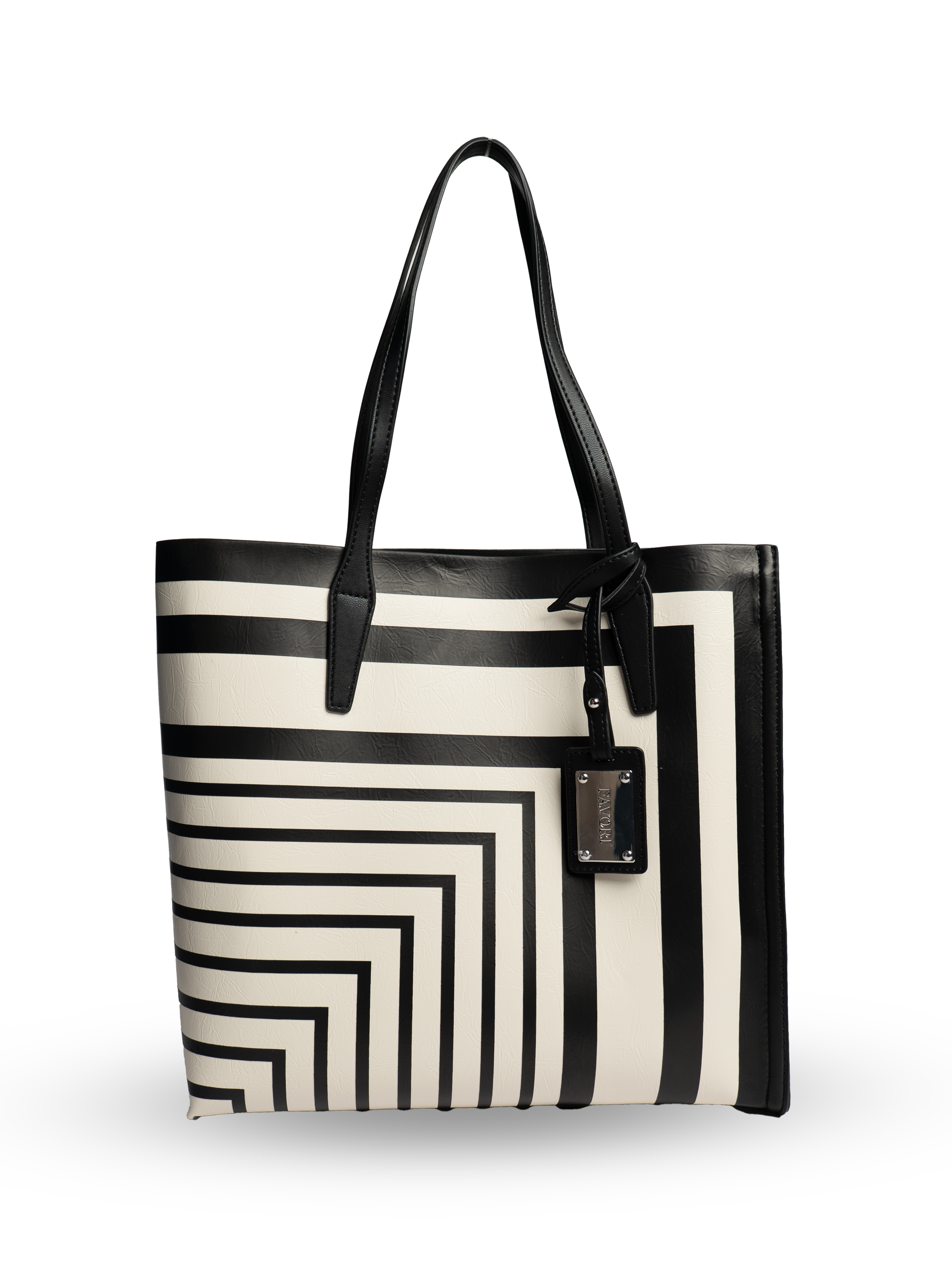 Riviera Tote Bag, Faux Leather, Black & Ivory Stripe