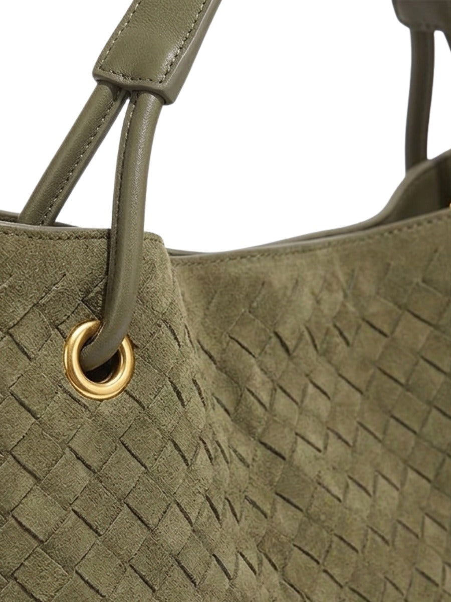 Sia- Ladies Woven Tote Bag , Faux Leather | Olive