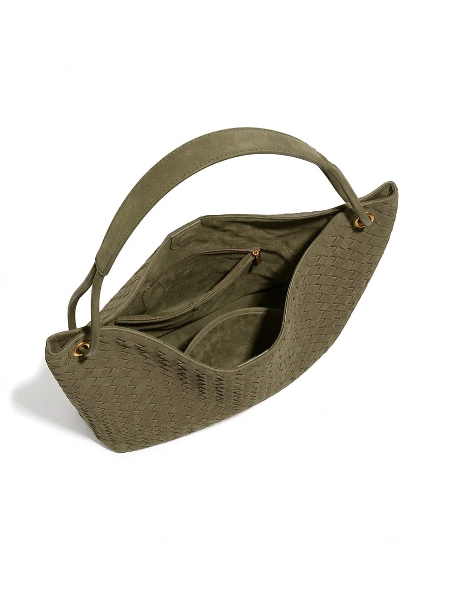 Sia- Ladies Woven Tote Bag , Faux Leather | Olive