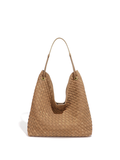 Sia- Ladies Woven Tote Bag , Faux Leather | Caramel