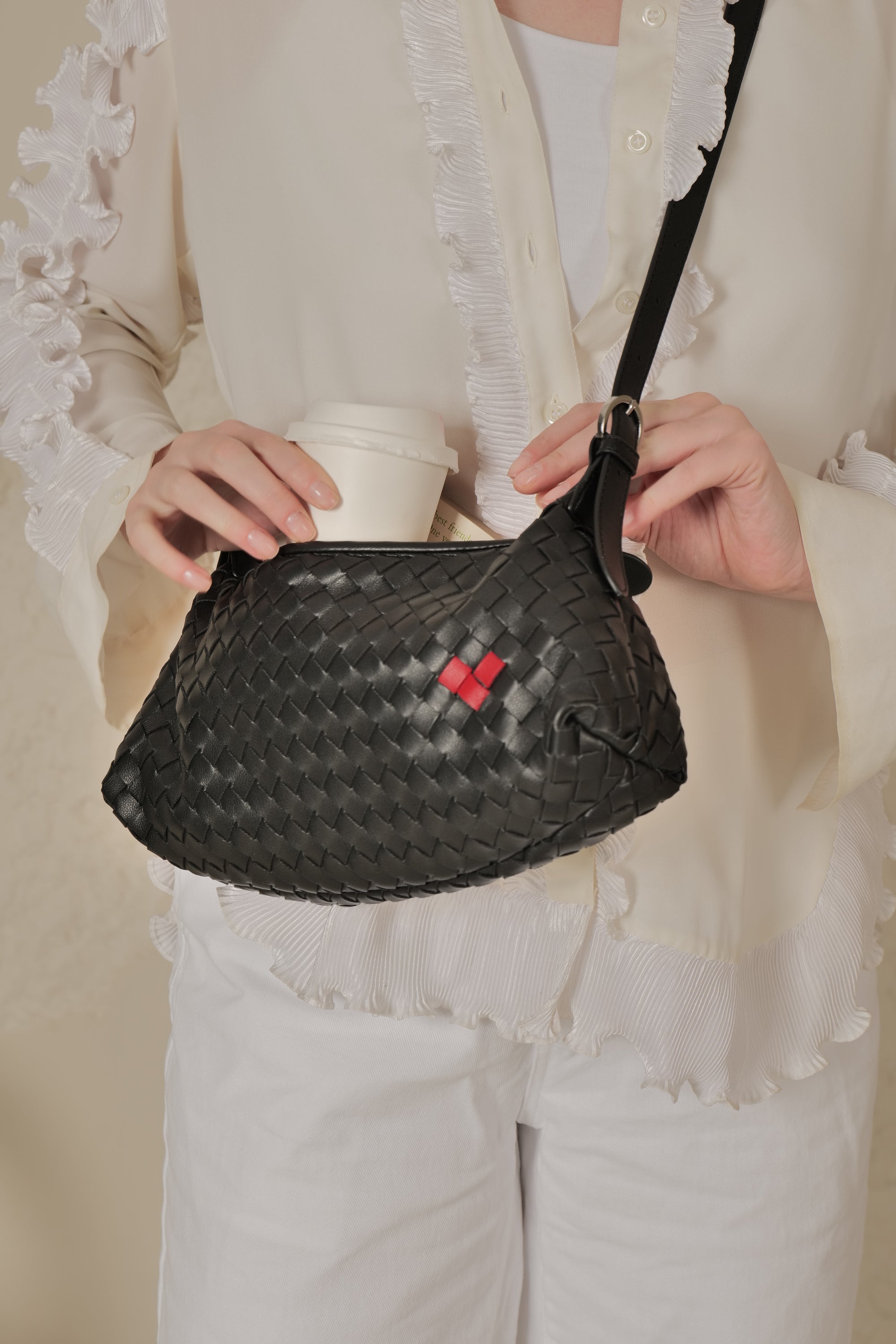 Tissa- Ladies Woven Handbag , Faux Leather | Black