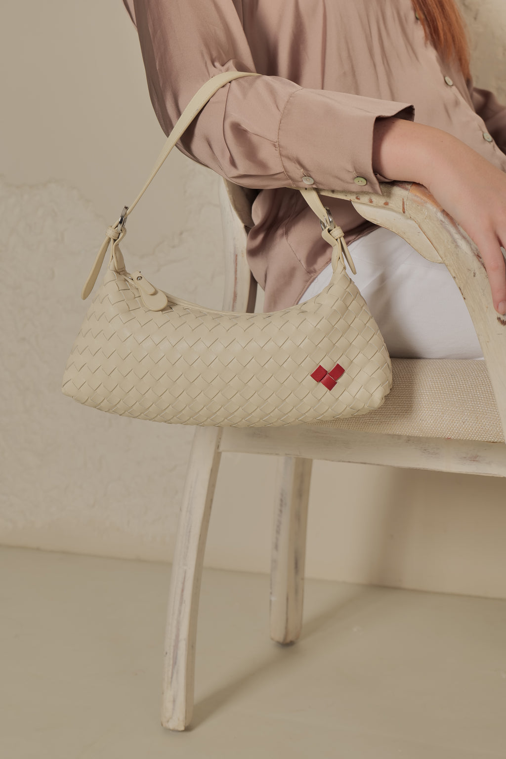 Tissa- Ladies Woven Handbag , Faux Leather | Ivory