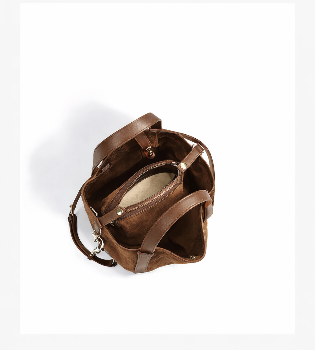 Toscana-Ladies suede leather bucket bag, col. Dark Brown