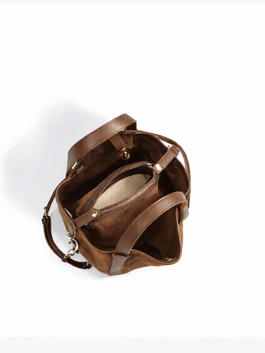 Toscana-Ladies suede leather bucket bag, col. Dark Brown