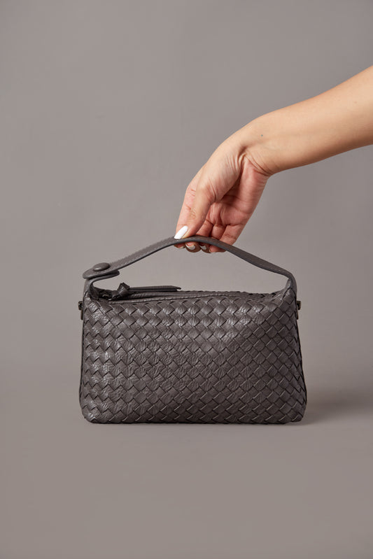 Fero - Ladies Woven Handbag, Faux Leather Dark Grey