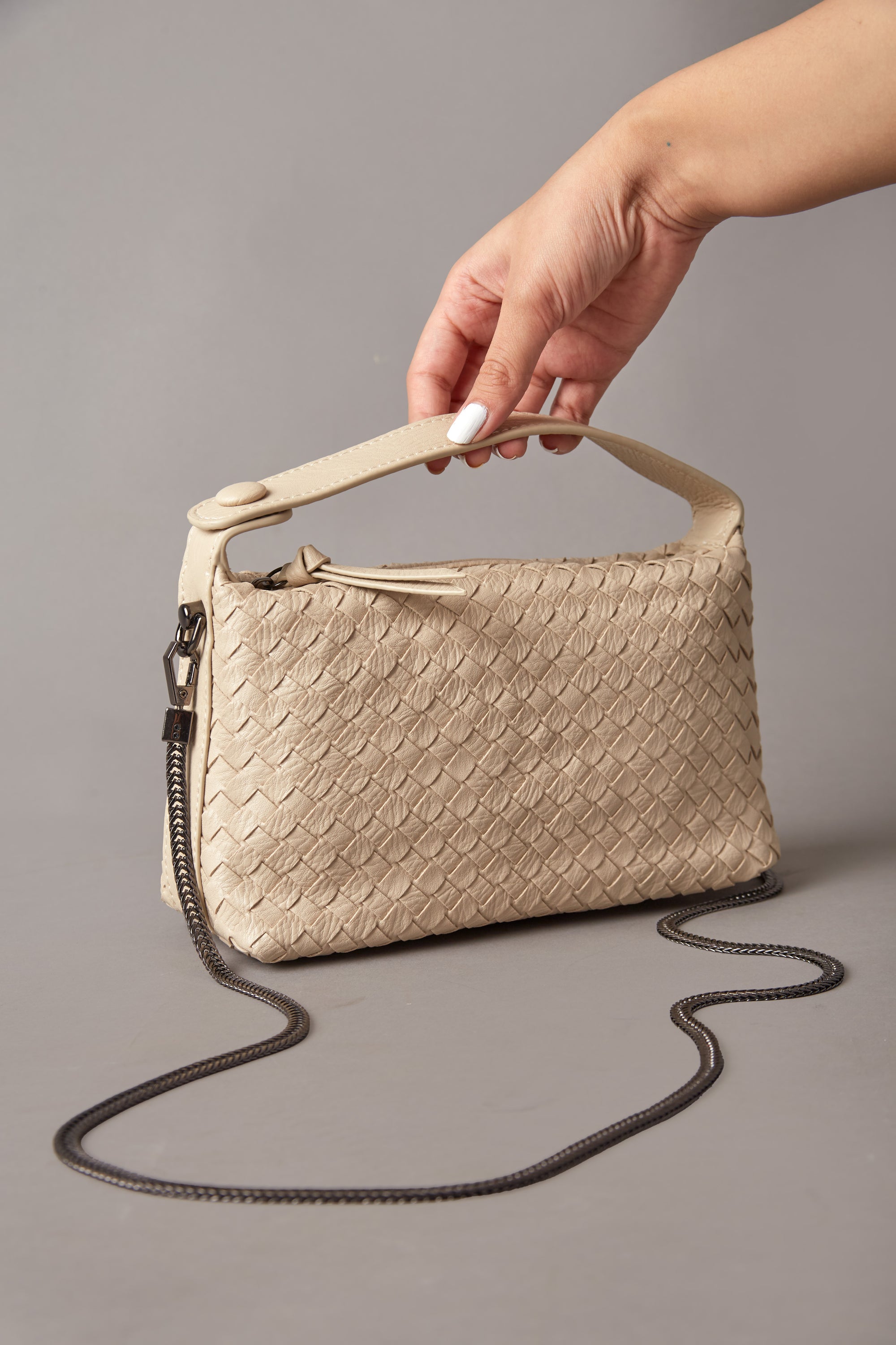 Fero - Ladies Woven Handbag, Faux Leather | Pearl white