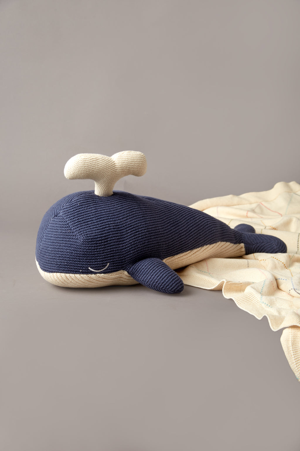 Whale Fish Cotton Knitted Stuffed Soft Toy For Babies And Kids | Navy Blue And Ivory
